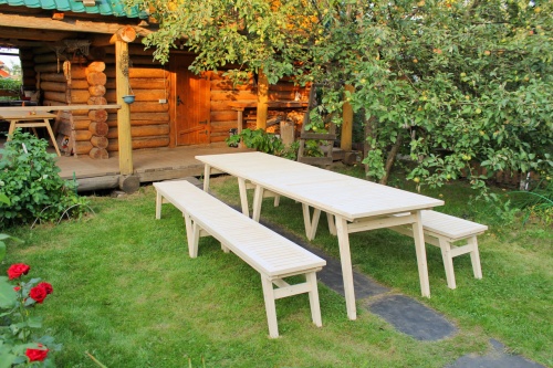 Купить  Комплект дачной мебели на 12-14 человек 300 см (2 стола, 4 лавки) деревянный, КМР-27