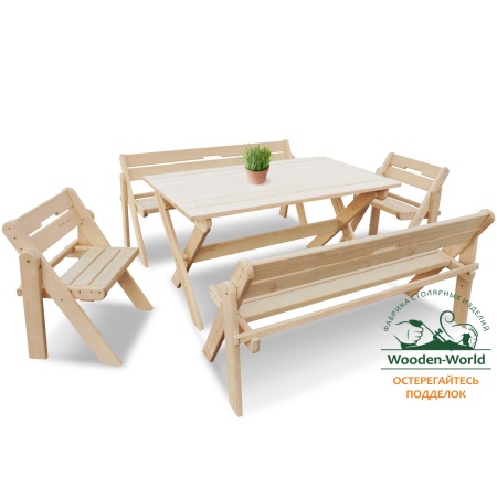 Комплект (Усиленный) банной мебели на 8 человек складной 150 см (Стол, скамейки, стулья) деревянный, КУС-03