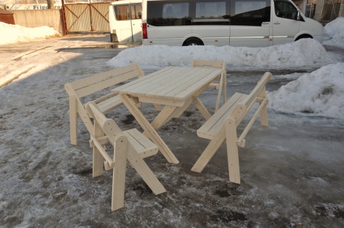 Комплект (Усиленный) банной мебели на 8 человек складной 150 см (Стол, скамейки, стулья) деревянный, КУС-03