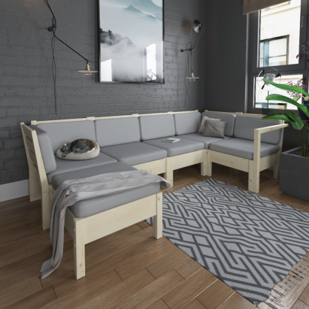 Диван угловой с подушками деревянный с оттоманкой на 4 человека модульный, КМЛ-17