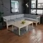 Комплект садовой мебели из дерева с угловым диваном с подушками + 2 столика (модульный), КМЛС-08 Комплект садовой мебели из дерева с угловым диваном с подушками + 2 столика (модульный), КМЛС-08