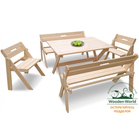Комплект садовой мебели на 6-8 человек складной деревянный (Стол 120, скамейки, стулья), КСС-02