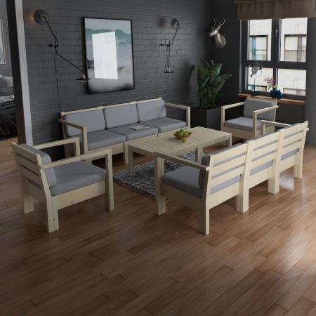 Комплект садовой мебели из дерева с подушками (2 дивана, 2 кресла, 2 столика) Лаунж, КМЛС-06