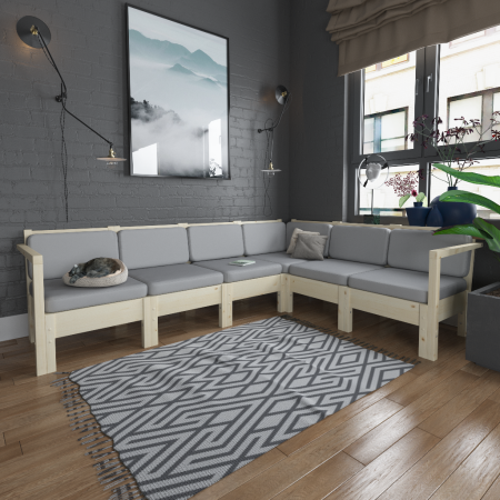 Диван из дерева угловой с подушками для дачи и сада на 5 человек Лаунж, КМЛ-15