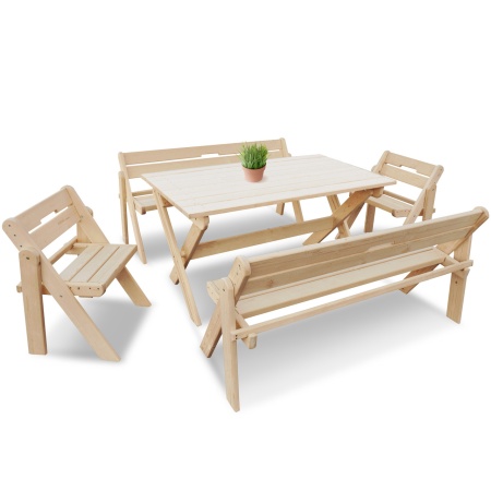 Комплект (Усиленный) банной мебели на 8 человек складной 150 см (Стол, скамейки, стулья) деревянный, КУС-03