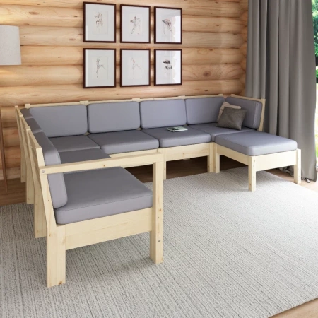 Садовый диван с подушками угловой из дерева с оттоманкой на 5 человек, КМЛ-18