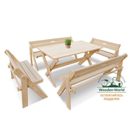 Комплект (Усиленный) банной мебели на 10 человек складной 150 см (Стол, 4 скамейки) деревянный, КУС-05