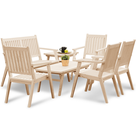 Купить  Комплект садовой мебели с креслами и диваном, на 6 чел (2 столика, скамейка, 4 стула), деревянный, КМР-16