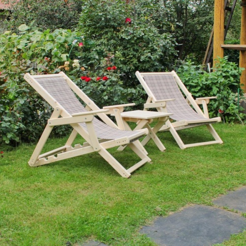 Комплект шезлонгов с клетчатой тканью и подлокотниками (2 шезлонга + столик) деревянный, КСШ-03-К Комплект шезлонгов с клетчатой тканью и подлокотниками (2 шезлонга + столик) деревянный, КСШ-03-К