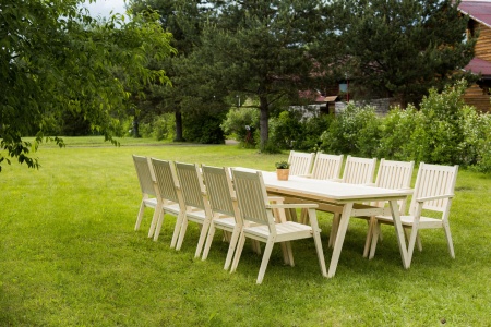 Купить  Комплект дачной мебели 340 см (2 стола,10 Кресел) деревянный, КМР-05