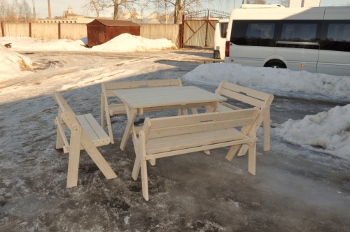 Комплект (Усиленный) банной мебели на 8-10 человек складной 120 см (Стол, скамейки, стулья) деревянный, КУС-04