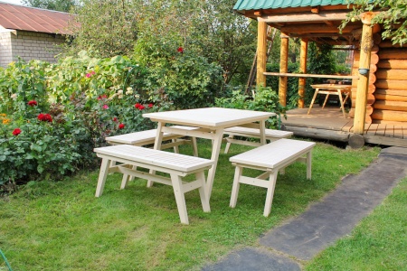 Купить  Комплект дачной мебели на 10 человек 140 см (Стол, 4 лавки) деревянный,  КМР-24