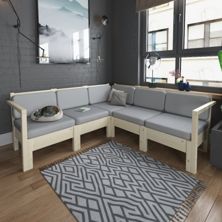 Диван садовый угловой деревянный с подушками на 4 человека, КМЛ-14 Диван садовый угловой деревянный с подушками на 4 человека, КМЛ-14