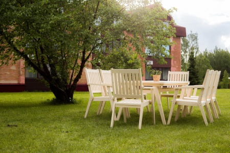 Купить  Комплект дачной мебели деревянный 200 см (Стол, 8 Кресел) , КМР-04