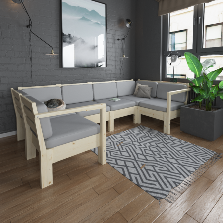 Диван П-образный деревянный с подушками для дачи и сада модульный на 4 человека Лаунж, КМЛ-20