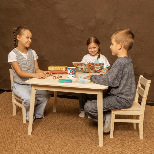 Детский Стол Большой и 3 стула деревянных, комплект на 3 ребенка (Столик 75х75см + 3 Стульчика), КМД-04
