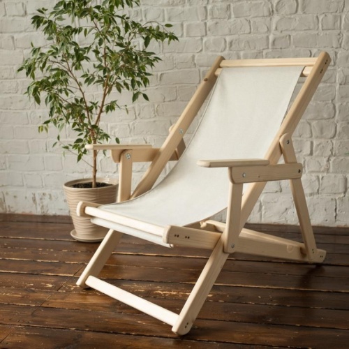 Шезлонг с светло-серой тканью и подлокотниками, деревянный, складной, МС-15-СС Шезлонг с светло-серой тканью и подлокотниками, деревянный, складной, МС-15-СС