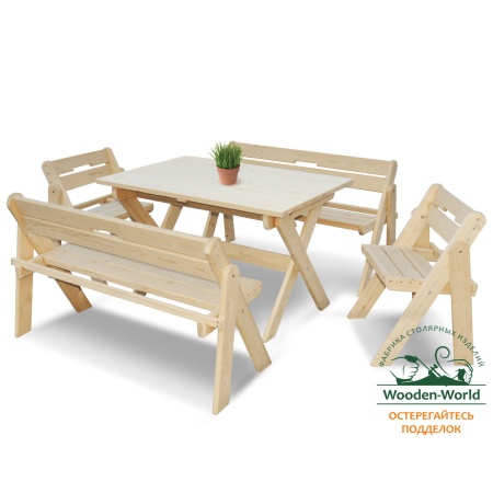 Комплект (Усиленный) банной мебели на 6-8 человек складной 120 см (Стол, скамейки, стулья) деревянный, КУС-02