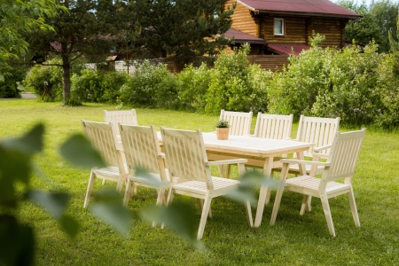 Купить  Комплект дачной мебели деревянный 200 см (Стол, 8 Кресел) , КМР-04