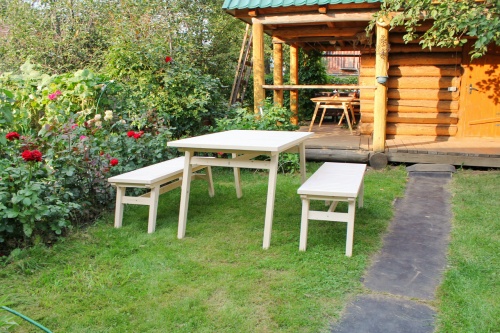 Купить  Комплект дачной мебели на 6 человек 140 см (Стол, 2 лавки) деревянный, КМР-21