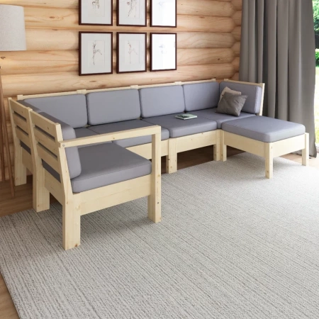 Диван угловой с подушками деревянный с оттоманкой на 4 человека модульный, КМЛ-17