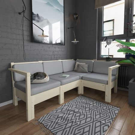 Диван угловой с подушками деревянный на 3 человека, КМЛ-11