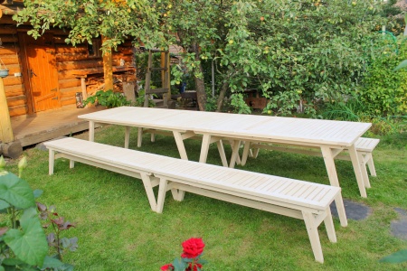 Купить  Комплект дачной мебели на 14-16 человек 370 см (2 стола, 4 лавки) деревянный, КМР-28