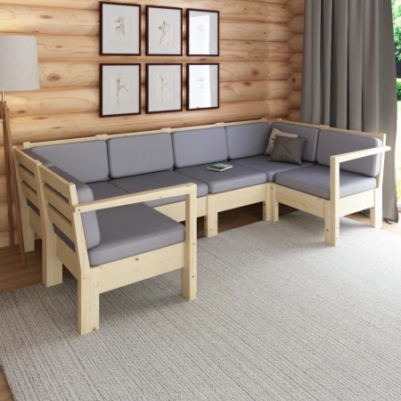 Диван П-образный деревянный с подушками для дачи и сада модульный на 4 человека Лаунж, КМЛ-20