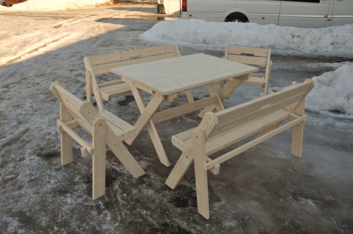 Комплект (Усиленный) банной мебели на 6-8 человек складной 120 см (Стол, скамейки, стулья) деревянный, КУС-02