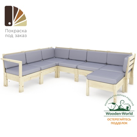 Садовый диван с подушками угловой из дерева с оттоманкой на 5 человек, КМЛ-18