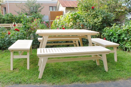 Купить  Комплект дачной мебели на 10 человек 140 см (Стол, 4 лавки) деревянный,  КМР-24