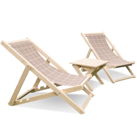 Комплект шезлонгов с клетчатой тканью  (2 шезлонга + столик) деревянный, КСШ-02-К