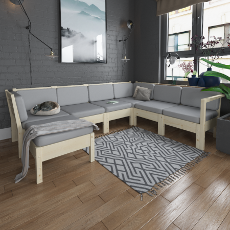 Садовый диван с подушками угловой из дерева с оттоманкой на 5 человек, КМЛ-18