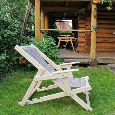 Шезлонг с клетчатой тканью и подлокотниками, деревянный, складной, МС-15-К