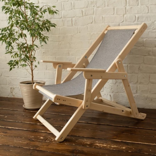 Шезлонг с серой тканью и подлокотниками, деревянный, складной, МС-15-С Шезлонг с серой тканью и подлокотниками, деревянный, складной, МС-15-С