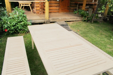 Купить  Комплект дачной мебели на 8 человек 200 см (Стол, 2 лавки) деревянный, КМР-23