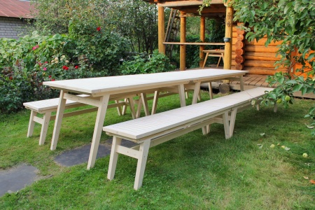Купить  Комплект дачной мебели на 14-16 человек 370 см (2 стола, 4 лавки) деревянный, КМР-28