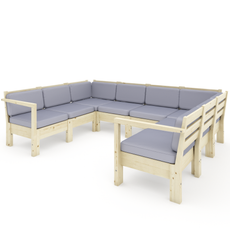 Диван П-образный деревянный с подушками для дачи и сада модульный на 4 человека Лаунж, КМЛ-20