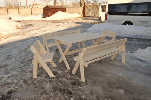Комплект (Усиленный) банной мебели на 8 человек складной 150 см (Стол, скамейки, стулья) деревянный, КУС-03