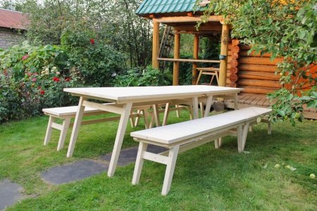 Купить  Комплект дачной мебели на 12-14 человек 300 см (2 стола, 4 лавки) деревянный, КМР-27